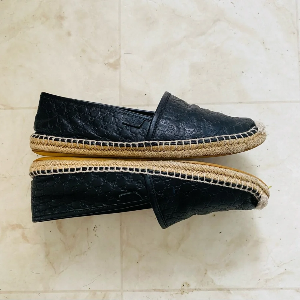 Gucci Micro Guccissima GG Monogram Black Leather Espadrilles Flats Size 8/38
